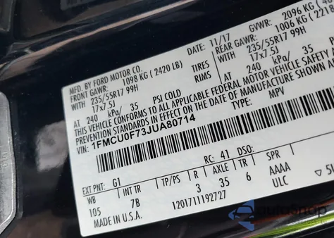 2018 Ford Escape S z USA, uszkodzony, nr VIN 1FMCU0F73JUA80714